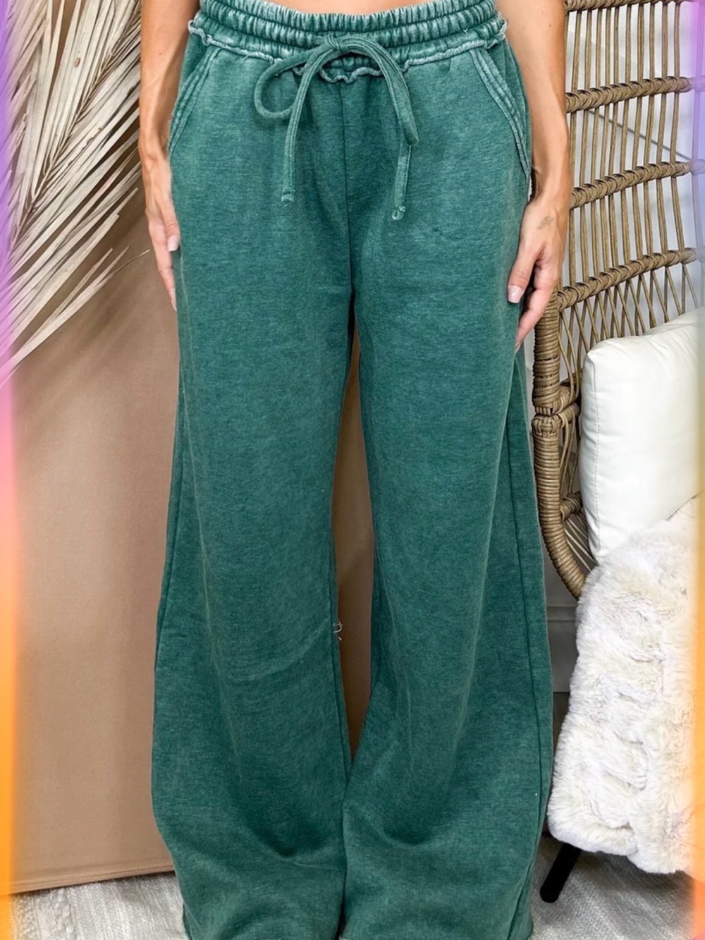 Zenana Outfitters Fleece Hunter Green Wide-Leg Drawstring Pants with pockets